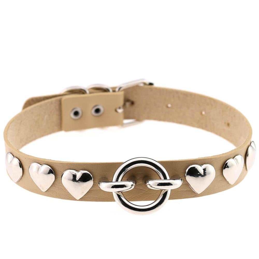 PU leather choker with silver hearts, gothic style accessory perfect for parties and vintage looks.