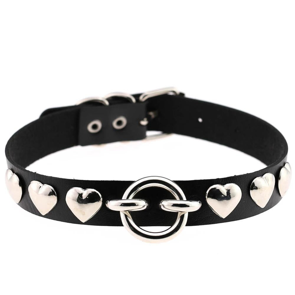 Gothic PU leather choker with silver heart accents and secure clasp, perfect for vintage style lovers.
