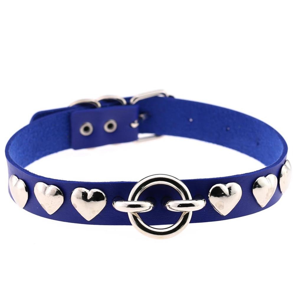 Cool blue PU leather choker necklace with silver hearts, perfect for gothic and vintage fashion enthusiasts.