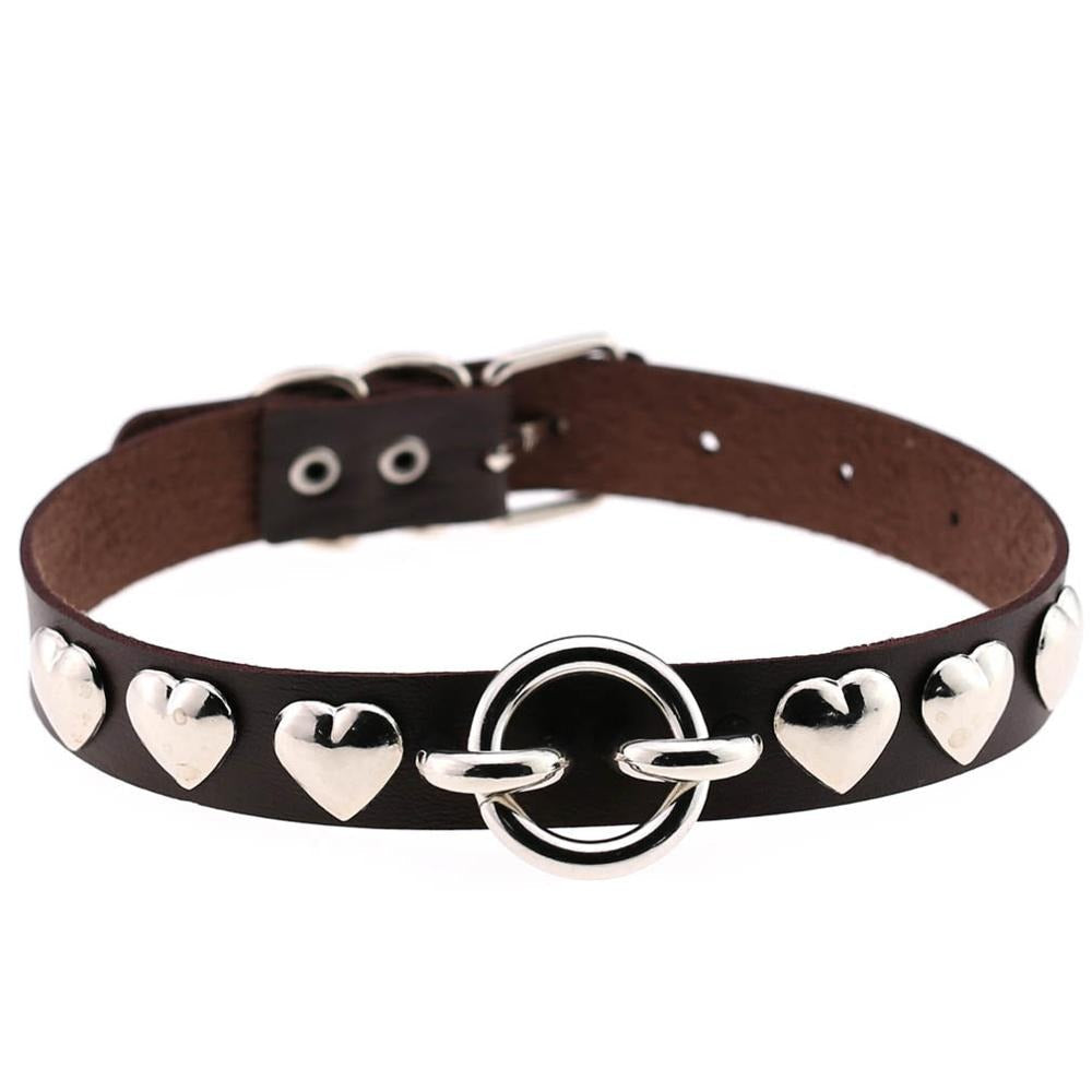 Handmade PU leather choker with silver heart accents for a gothic vintage style.