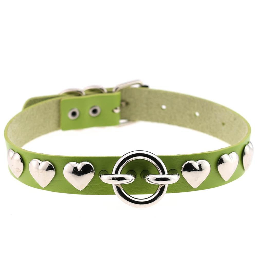Green PU leather choker with silver hearts and circular clasp, perfect for gothic style accessories.