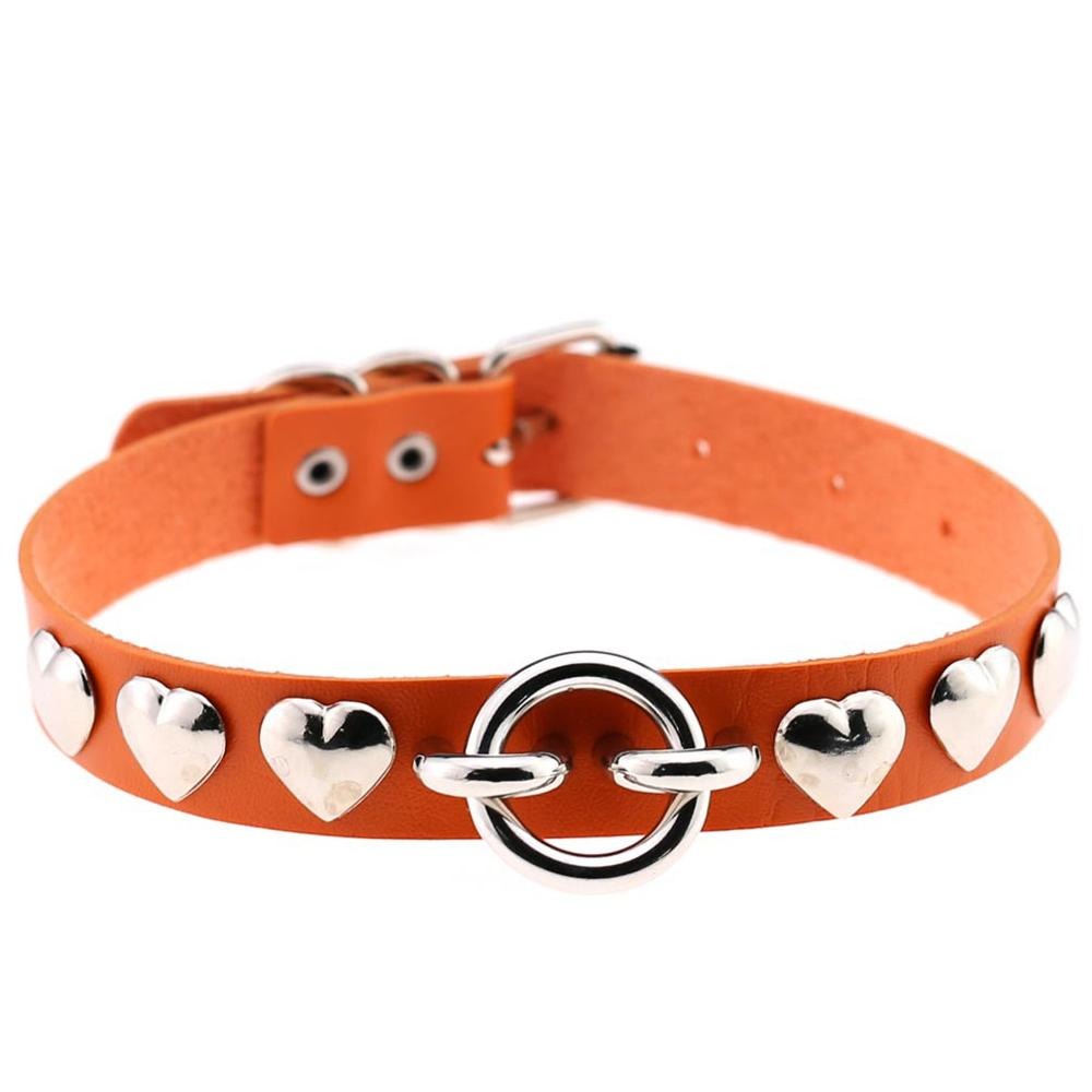 Vintage PU leather choker with silver hearts and secure clasp, perfect for gothic fashion lovers.