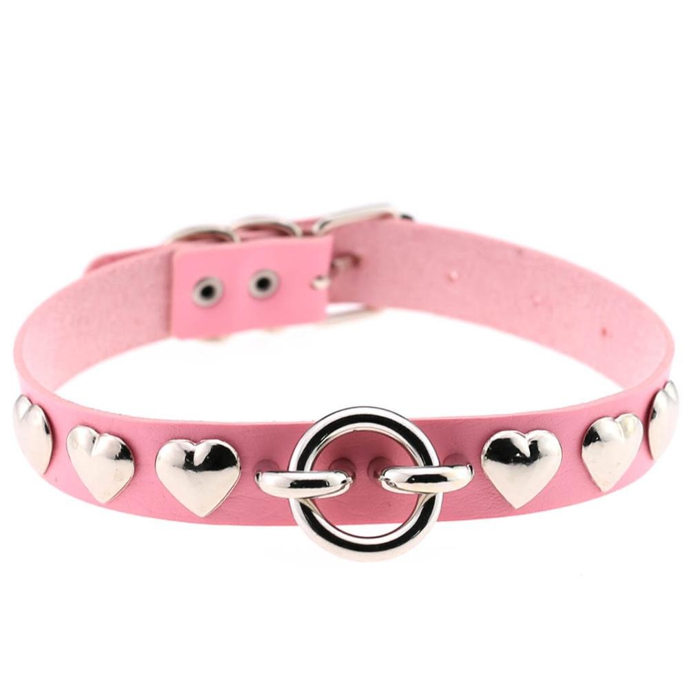 Pink PU leather choker with silver heart studs, perfect vintage gothic accessory for stylish looks.