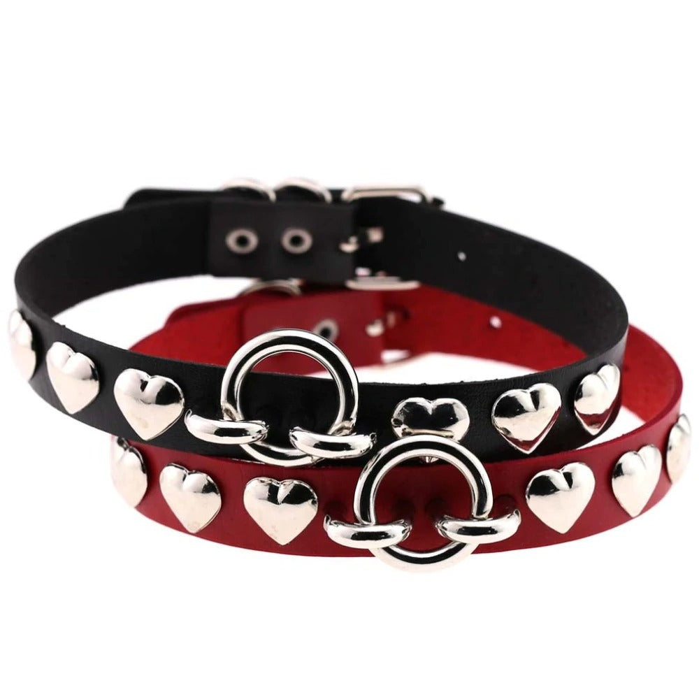 Handmade PU leather choker featuring silver hearts, perfect for gothic vintage style party outfits.