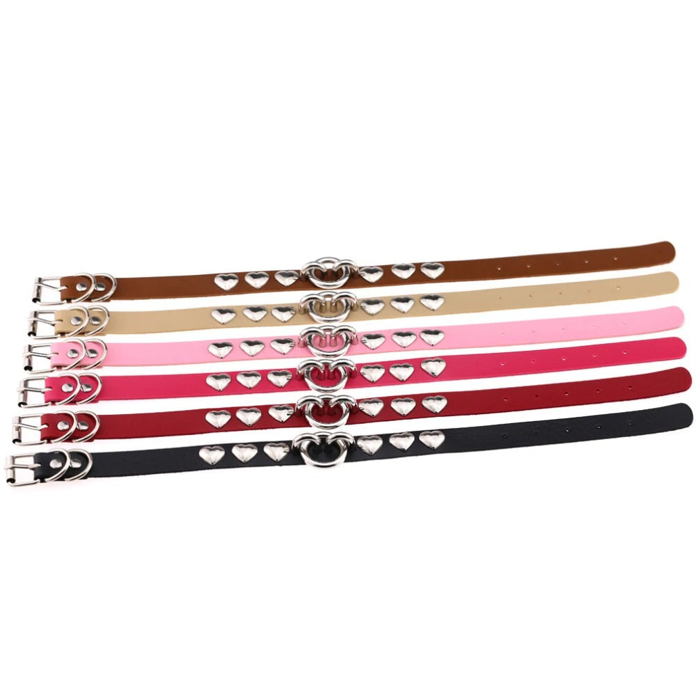 Colorful PU leather chokers with heart accents in vintage gothic style, perfect for party outfits.