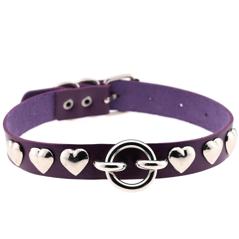 Purple PU leather choker with silver hearts and a secure clasp, perfect for vintage gothic style outfits.