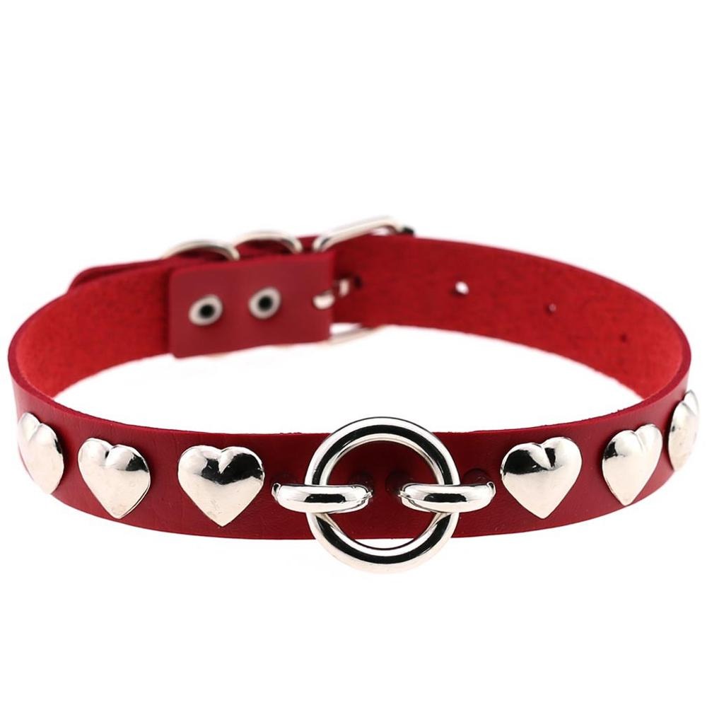 Red PU leather choker with silver heart studs and central clasp, perfect for gothic and vintage accessory lovers.