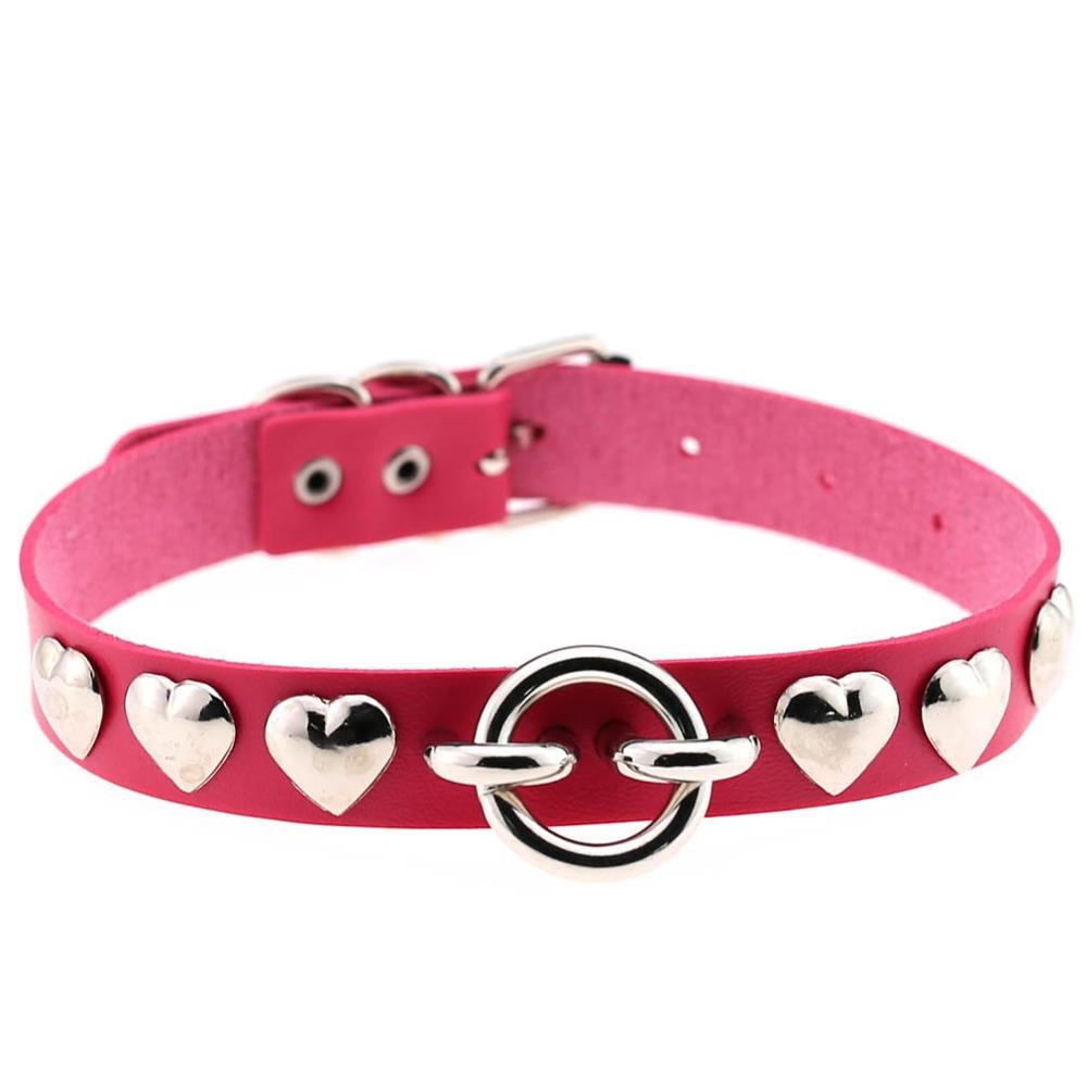 Handmade pink PU leather choker with silver heart accents and secure clasp, perfect for gothic style outfits.