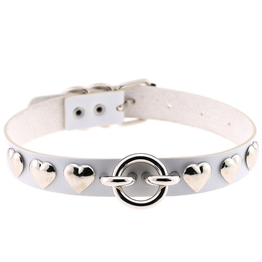 PU leather choker with silver heart accents and central ring, perfect for gothic and vintage style outfits.