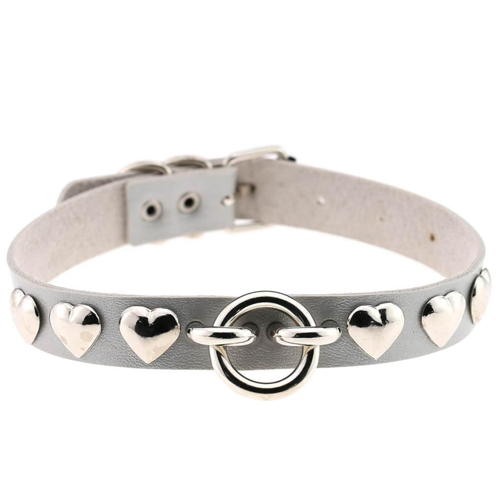 PU leather choker with heart accents and silver clasp, perfect for gothic style lovers and vintage accessory enthusiasts.