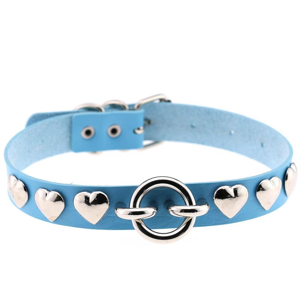 Blue PU leather choker with silver hearts and ring clasp, perfect for gothic vintage style.