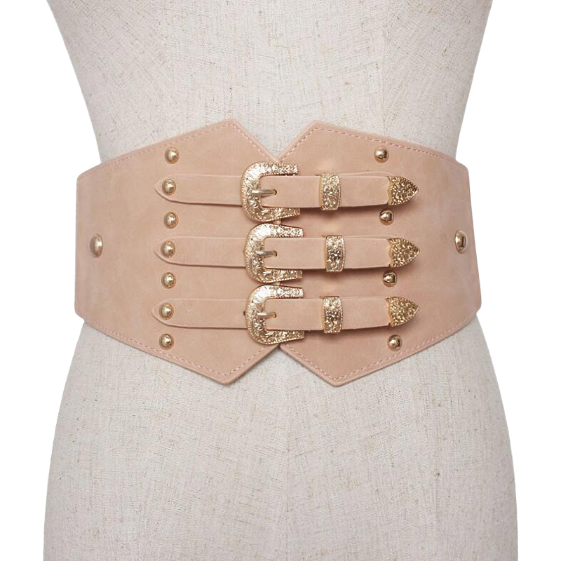 Stylish PU leather corset belt with three gold buckles, perfect for vintage and gothic fashion.
