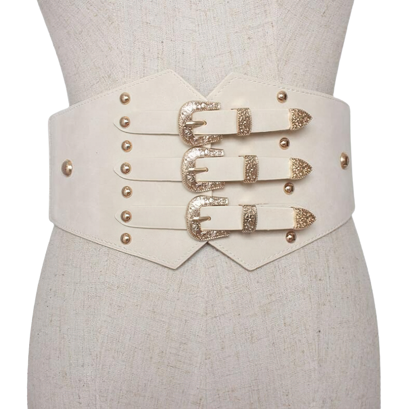 Stylish cream PU leather corset belt with decorative buckles and studs for vintage-inspired outfits.