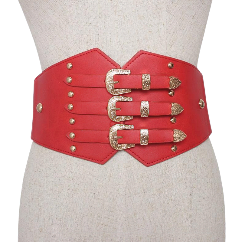 Red PU leather corset belt with gold buckles, perfect vintage accessory for women to accentuate the waist.