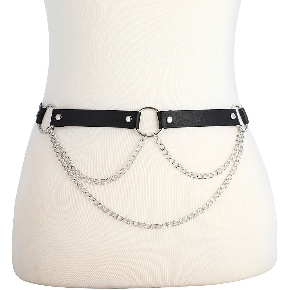 PU leather garter belt with silver chains, adjustable body harness for women's rave outfits.