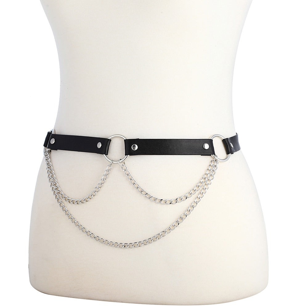 Adjustable PU leather garter belt with silver chains for women, perfect for rave outfits and body harness costumes.