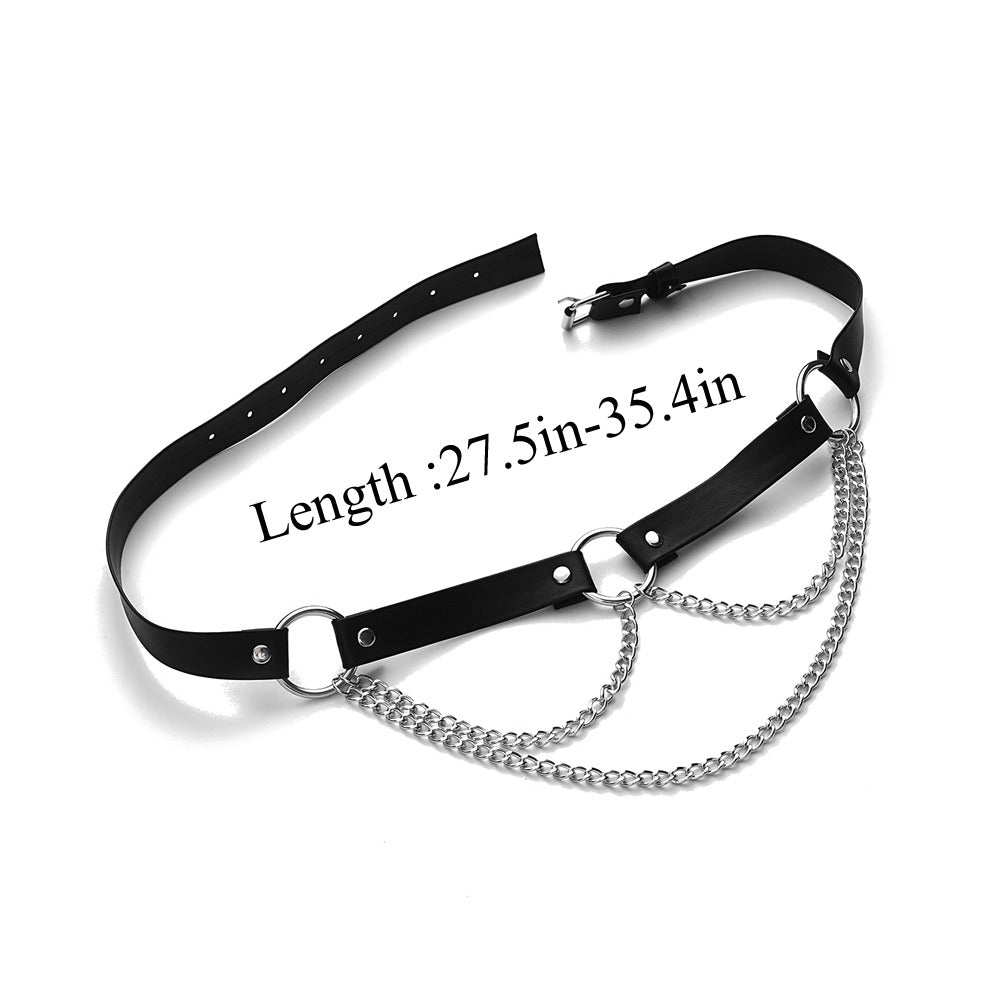 Adjustable PU leather garter belt with chains, 27.5in-35.4in, perfect for women’s rave outfits and body harness costumes.