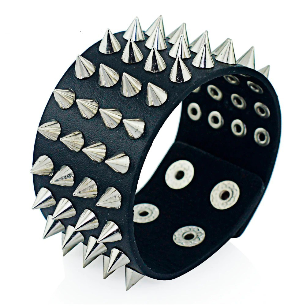 PU Leather Gothic Bracelet / Unisex Black Bangle with Four Row Spikes - HARD'N'HEAVY