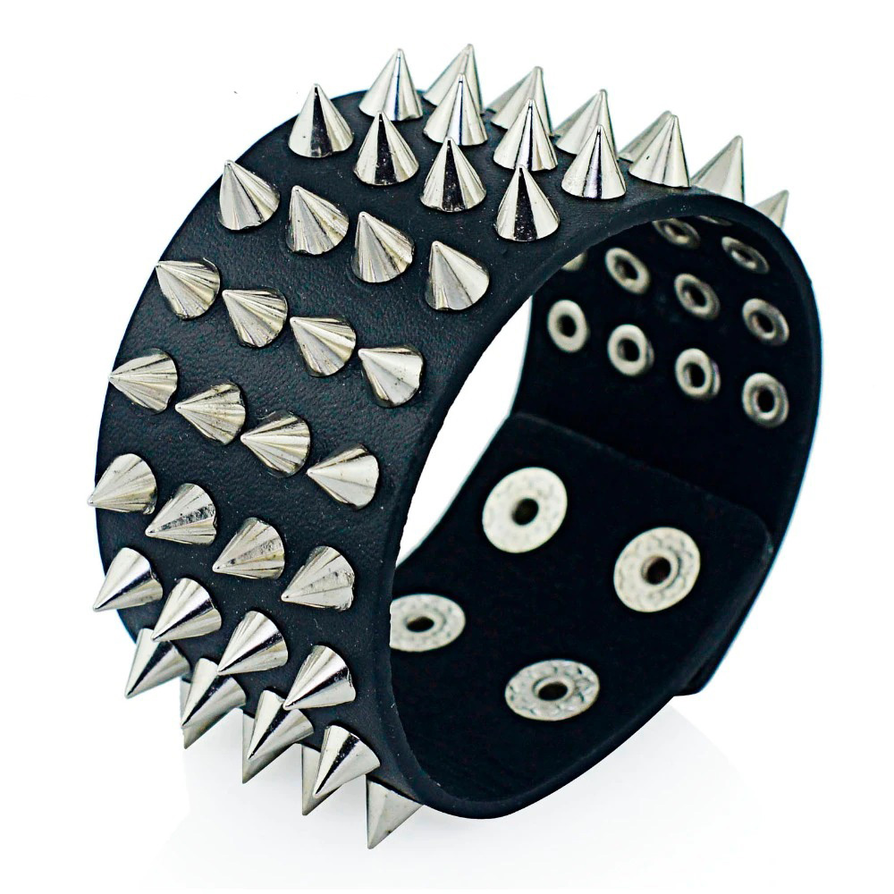 Unisex black PU leather bracelet with four rows of silver spikes, perfect for punk and gothic styles.