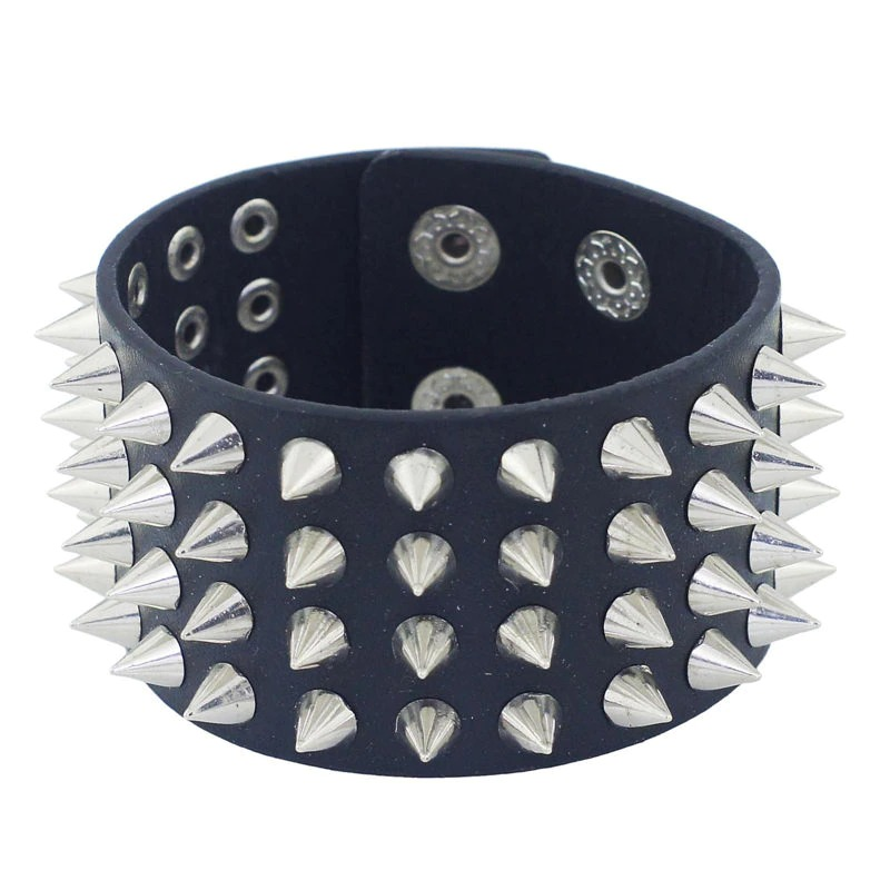 PU Leather Gothic Bracelet / Unisex Black Bangle with Four Row Spikes - HARD'N'HEAVY