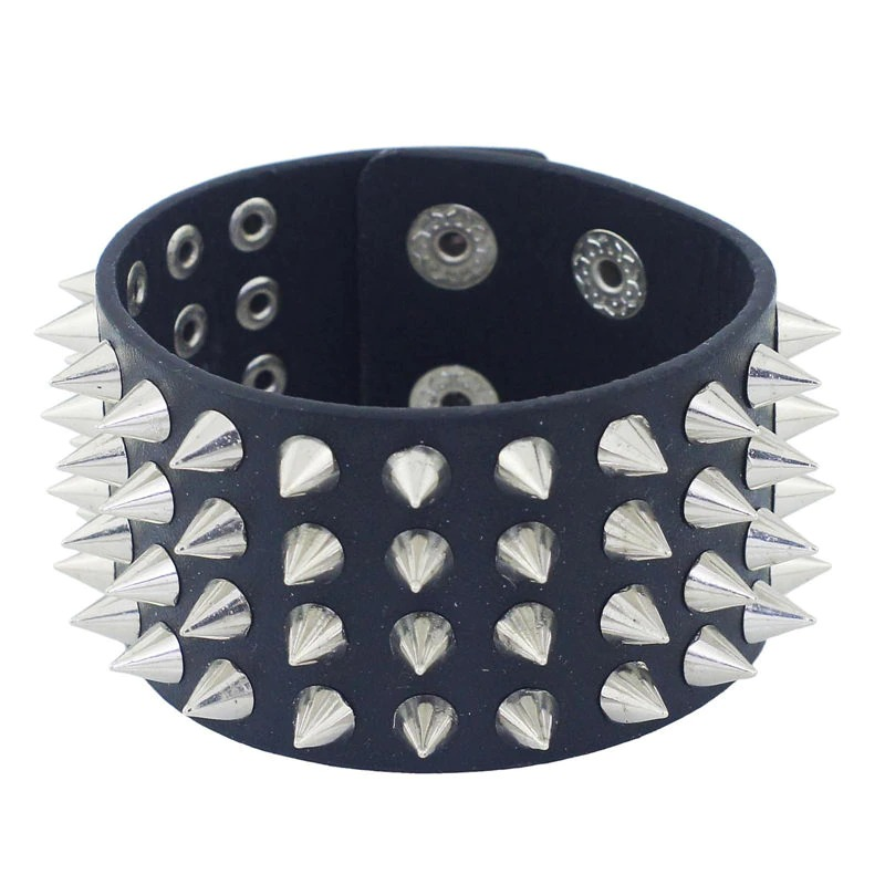 Unisex black PU leather bracelet with silver spikes, perfect for gothic and punk style outfits.
