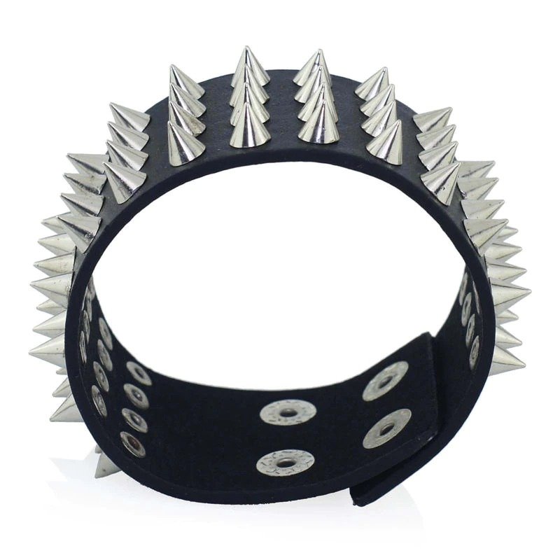 Unisex black bangle with four rows of spikes, perfect for gothic and punk fashion outfits.
