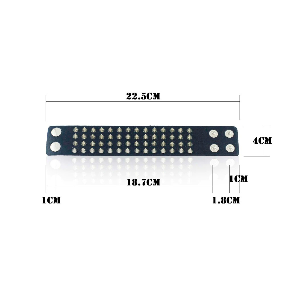 PU leather gothic bracelet showing dimensions, unisex black bangle with four rows of spikes for punk style outfits.