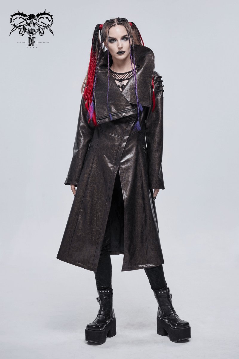 PU Leather Long Coat with Zipper on Cuffs / Gothic Stand Collar Coat with Rope on Shoulders - HARD'N'HEAVY