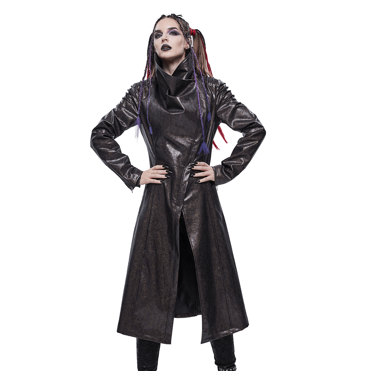 PU Leather Long Coat with Zipper on Cuffs / Gothic Stand Collar Coat