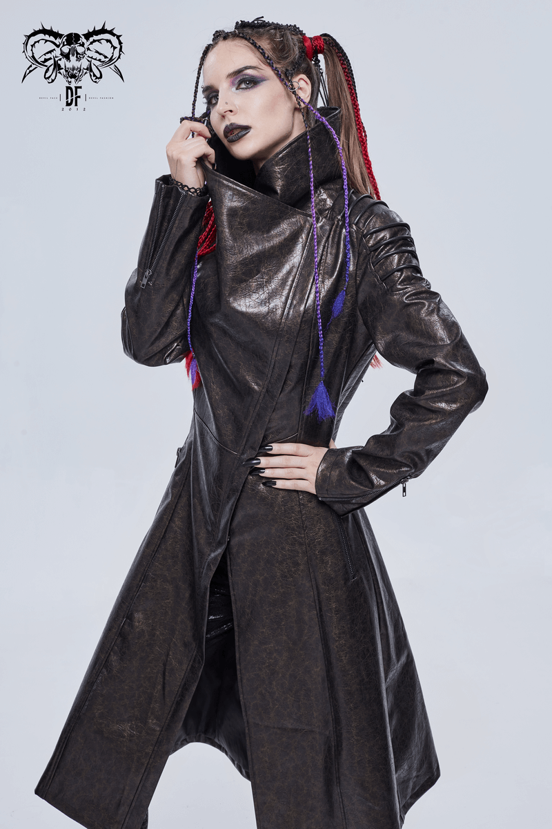 PU Leather Long Coat with Zipper on Cuffs / Gothic Stand Collar Coat with Rope on Shoulders - HARD'N'HEAVY