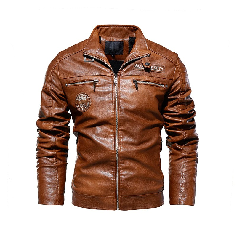Brown PU leather men's jacket with zipper, biker style, featuring stylish patches and a fitted cut.