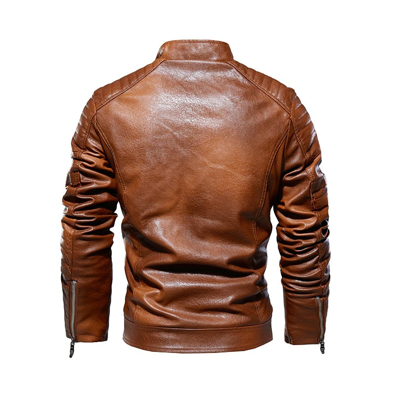 Back view of a stylish brown PU leather men's biker jacket with zipper and intricate design, perfect for casual wear.
