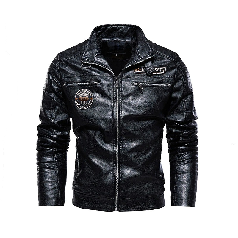 Stylish black PU leather men's biker jacket with zipper and patches for a cool casual look.