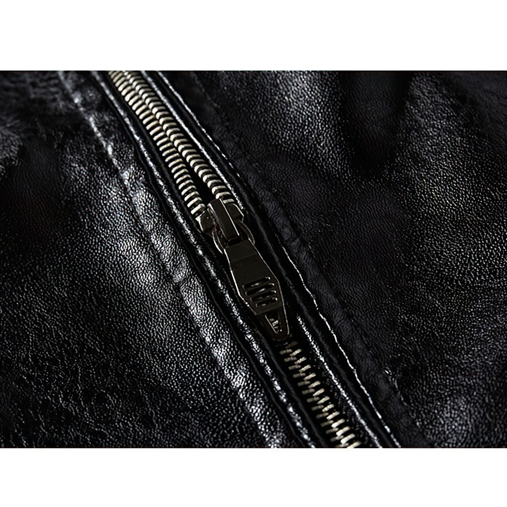 Close-up of zipper on PU leather men's biker jacket showcasing stylish design and durability.