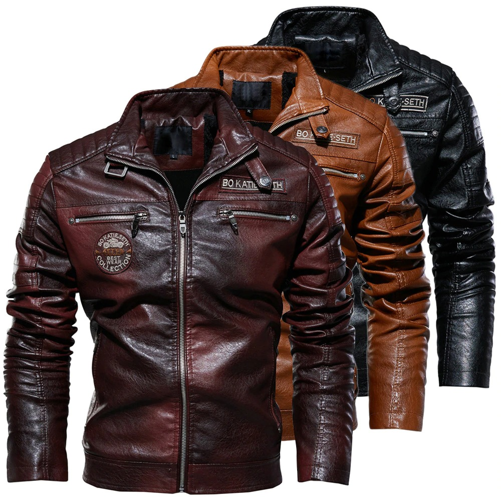 Men's PU leather biker jacket in three colors: maroon, brown, and black, featuring stylish zippers and a fitted cut.