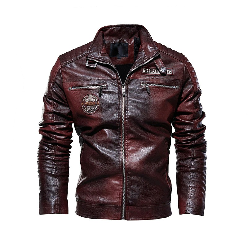 Stylish burgundy PU leather men's biker jacket with zipper and patches for a casual motorcycle look.