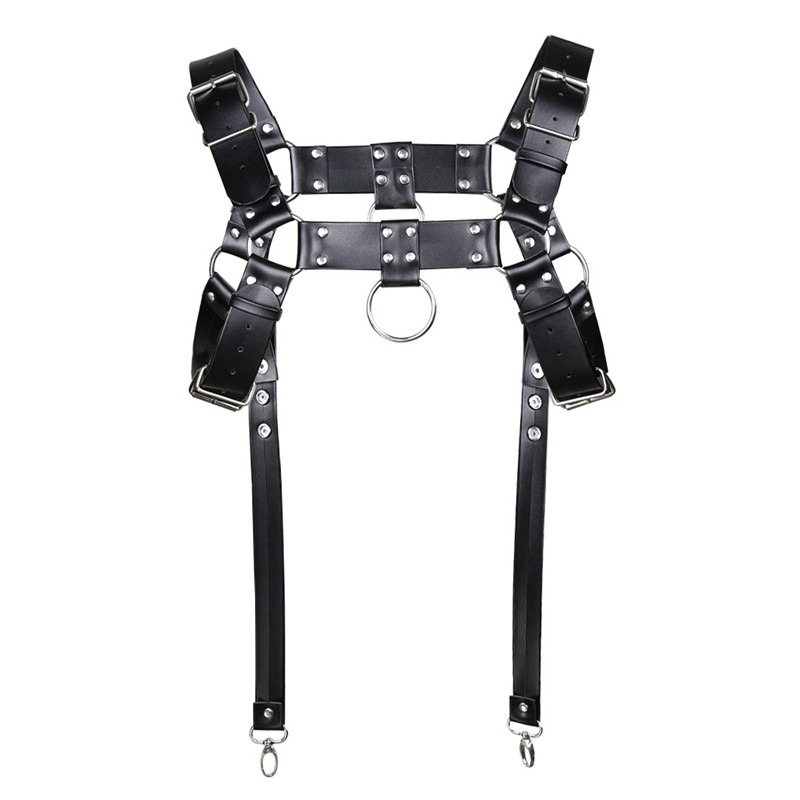 PU leather body bondage harness with metal rivets, adjustable suspenders for a gothic punk style.