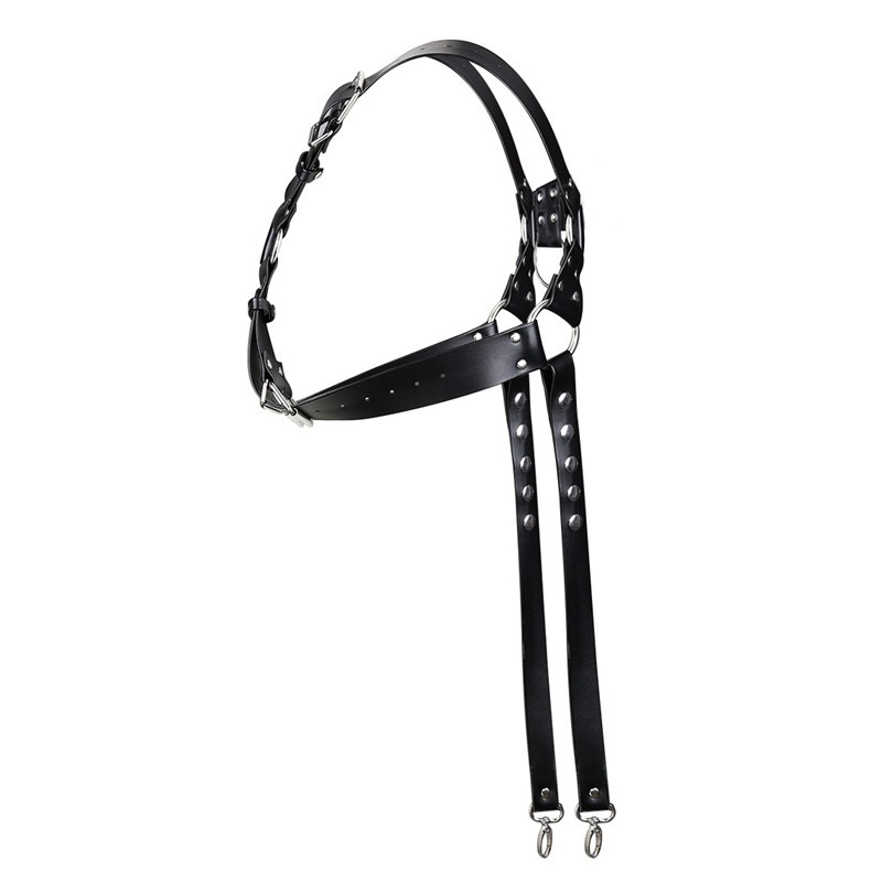 PU leather body bondage harness with metal rivets, adjustable suspenders for a punk goth style.