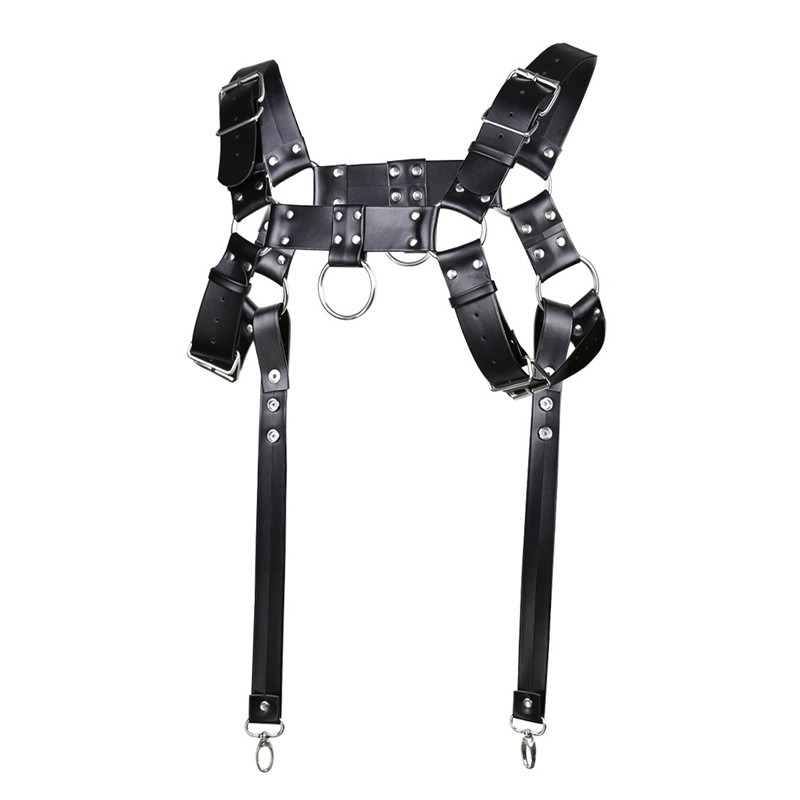 PU leather body bondage harness with metal rivets, adjustable suspenders for a goth punk look.