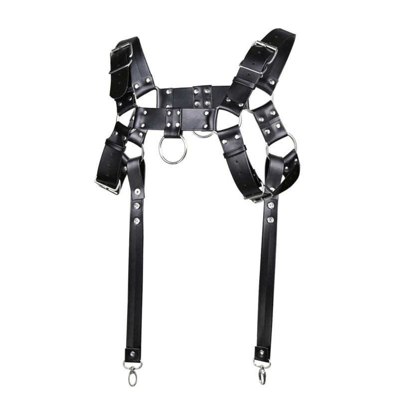 PU leather body bondage harness with metal rivets for a stylish goth punk look. Adjustable design for comfort and fit.