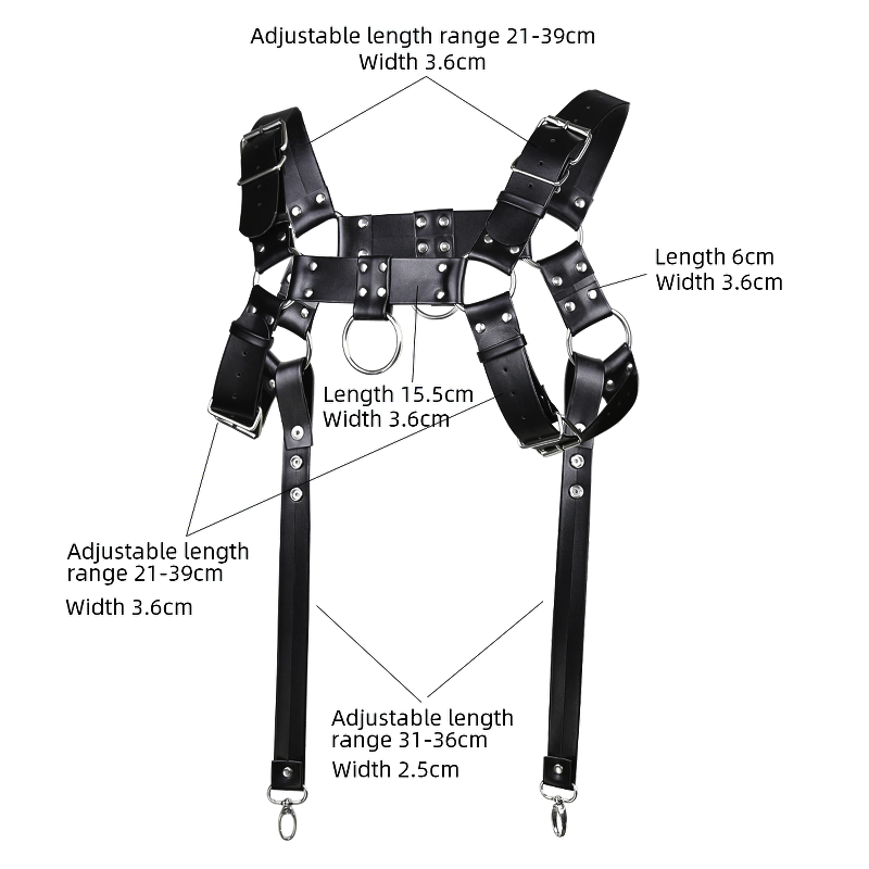 Adjustable PU leather bondage harness with metal rivets, ideal for goth punk fashion. Features multiple size adjustments for comfort.