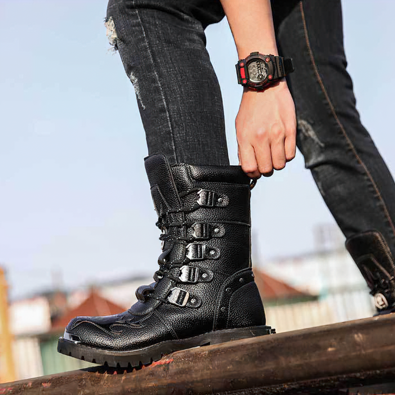 PU Leather Military Boots for Men / Motorcycle Metal Mid-Calf Boots in Rock Style - HARD'N'HEAVY