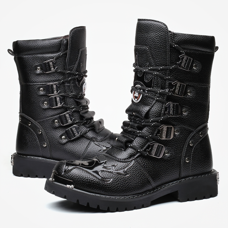 PU Leather Military Boots for Men / Motorcycle Metal Mid-Calf Boots in Rock Style - HARD'N'HEAVY