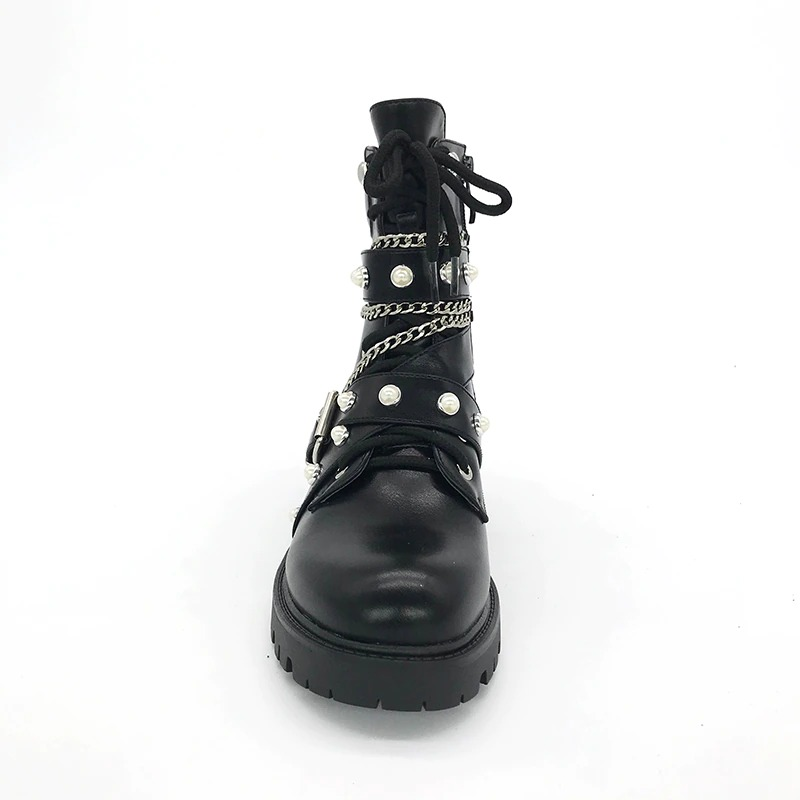 PU Leather Motorcycle Boots with Bead and Chain / True Rocker Outfits / Zipper Martin Shoes - HARD'N'HEAVY