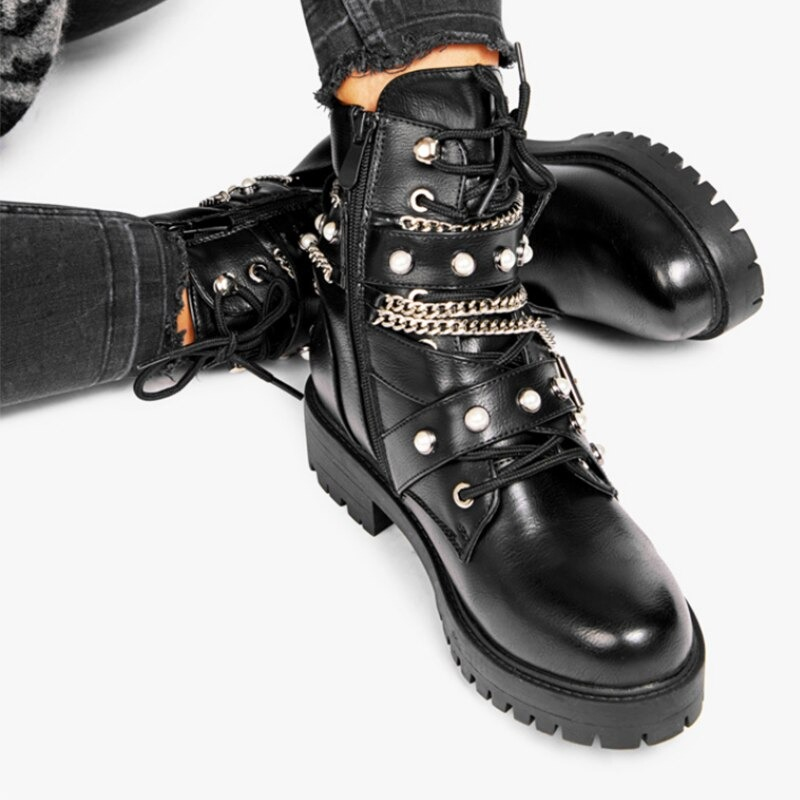 PU Leather Motorcycle Boots with Bead and Chain / True Rocker Outfits / Zipper Martin Shoes - HARD'N'HEAVY