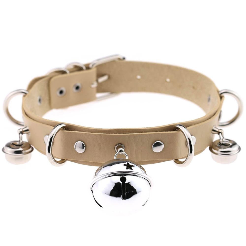 PU leather gothic choker with bells and rivets, adjustable unisex necklace for trendy outfits.