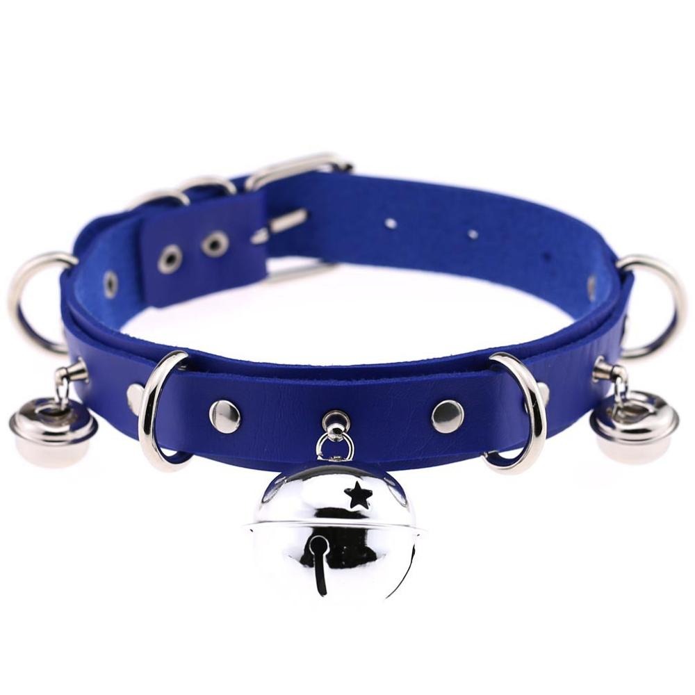 Blue PU leather gothic choker with metal bells and rivets, adjustable unisex accessory for trendy outfits.