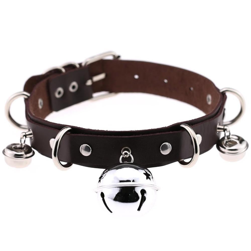 PU leather gothic choker with bells and rivets, stylish unisex accessory, perfect for edgy outfits and gifts.