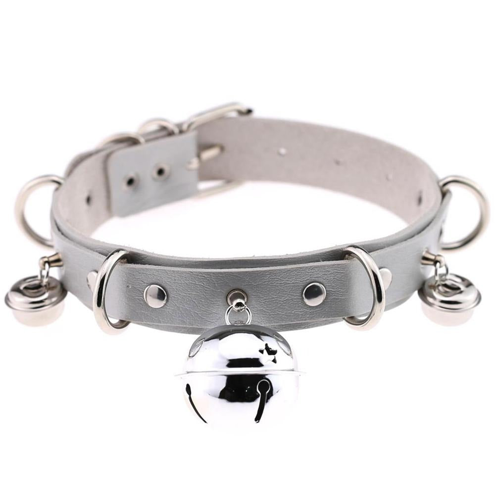 PU leather gothic choker with metal details and bells, adjustable unisex design for trendy outfits.