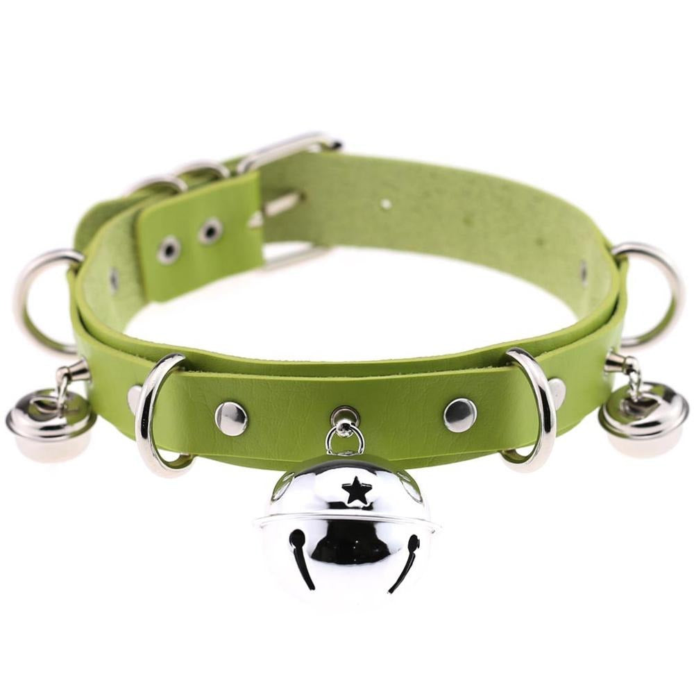 PU leather gothic choker in vibrant green with metal rivets and bells, unisex adjustable necklace for stylish outfits.